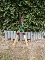 Heckenschere vor einer geschnittenen Hecke